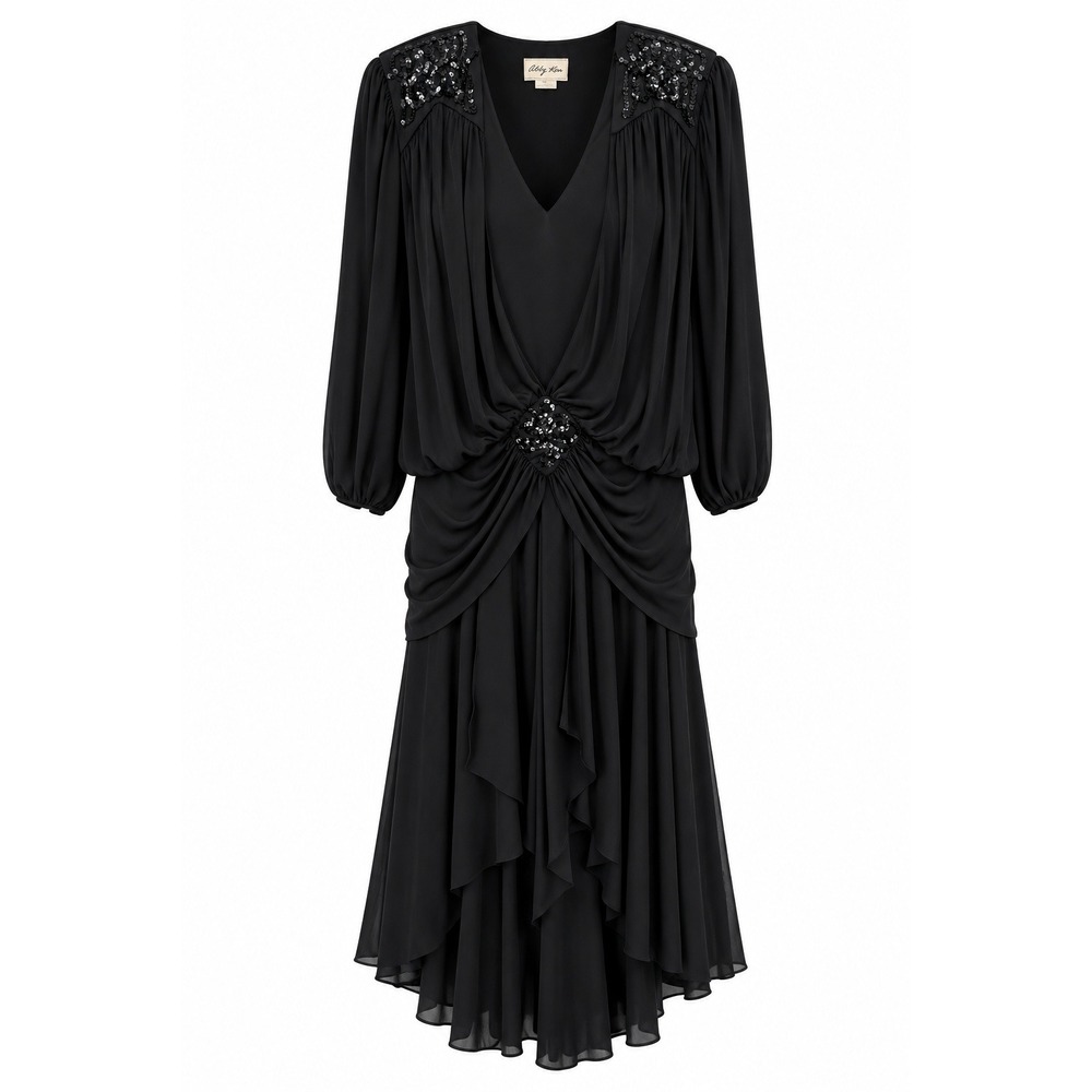 Vintage 80s Abby Kent Gown Black Sequin Draped Handkerchief Hem Drop Waist 12